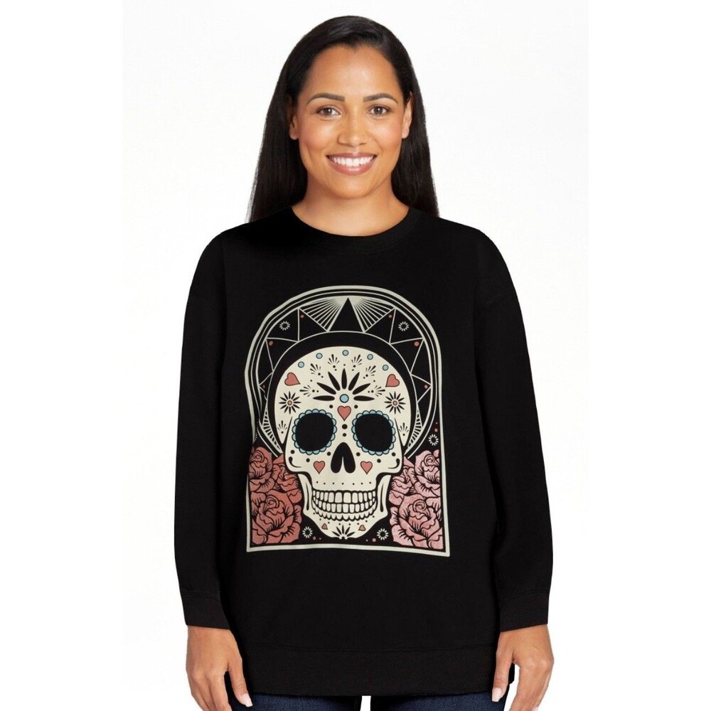 Wound up Women’s XS Sugar Skull Halloween Long Sleeve Graphic Sweatshirt Black